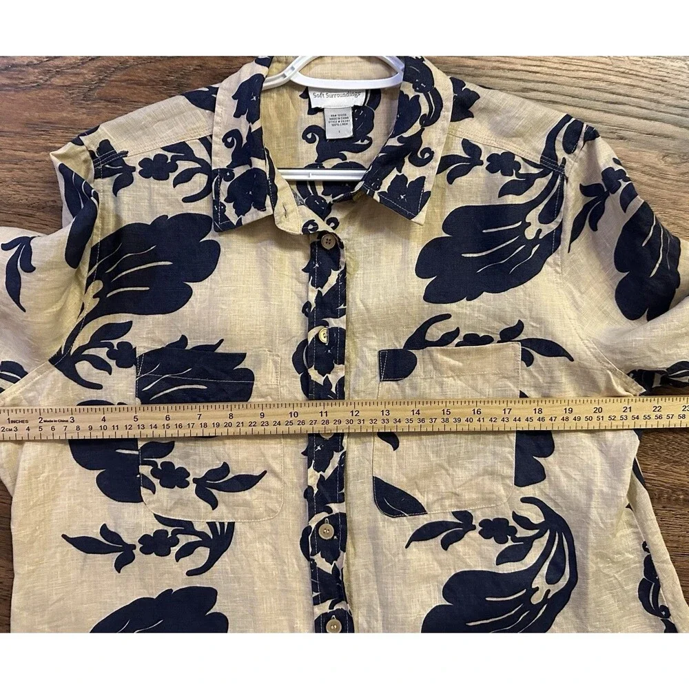 Soft Surroundings Linen Blend Floral Hawaiian Shirt Beige Navy Women L